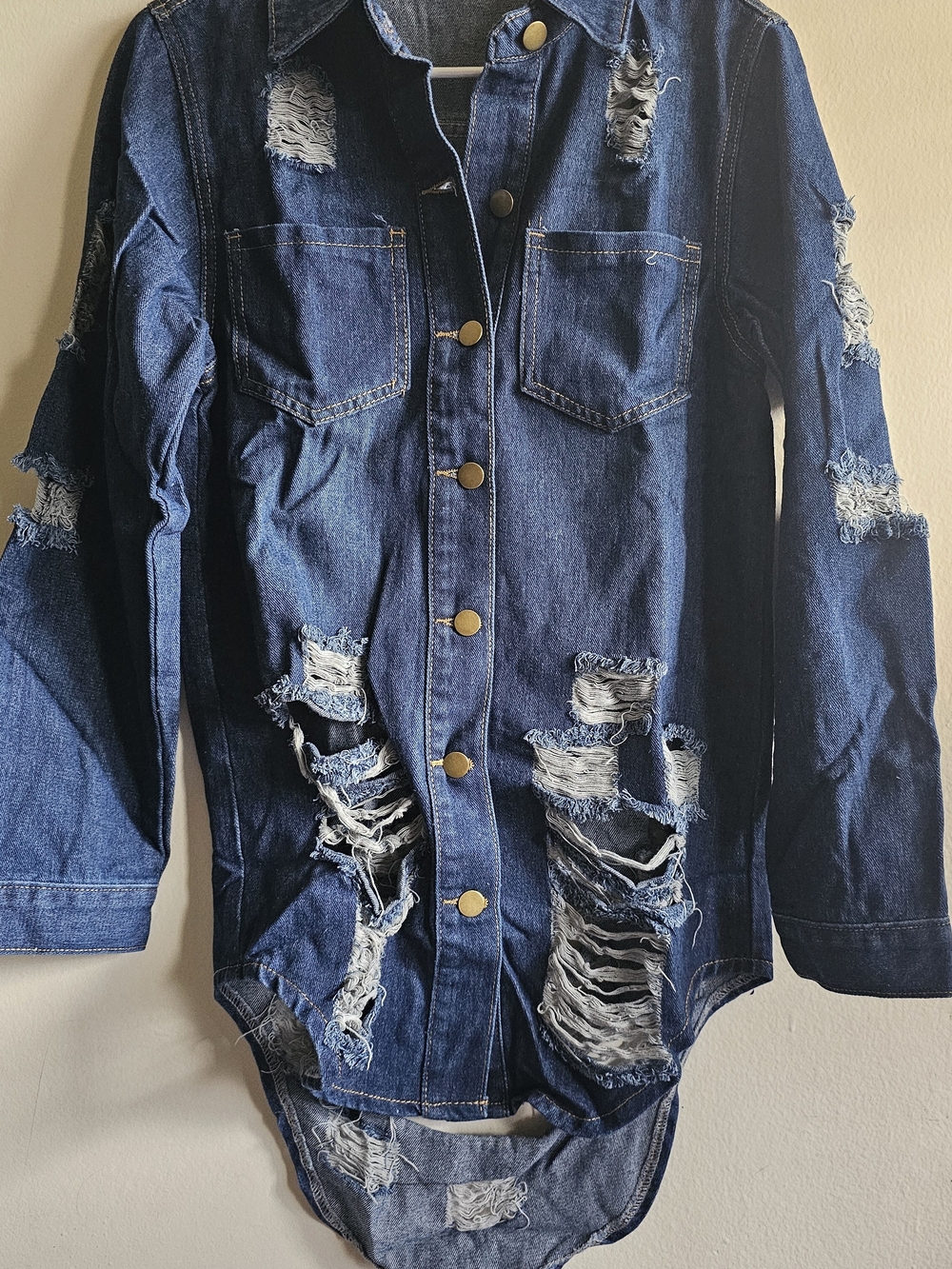 Distressed Dark Blue Denim Jean Jacket with Button Front